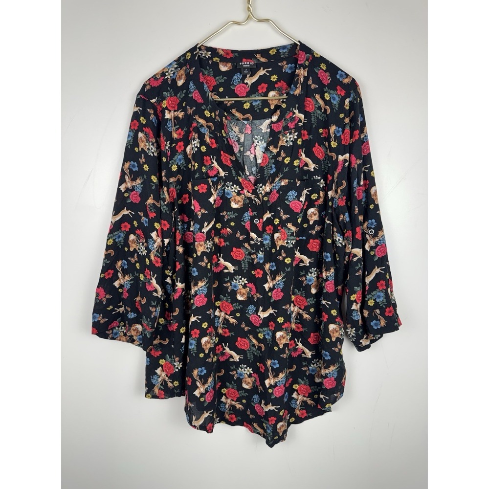 Torrid Harper Womens 2X 2 Black Woodland Animal Floral Georgette Blouse